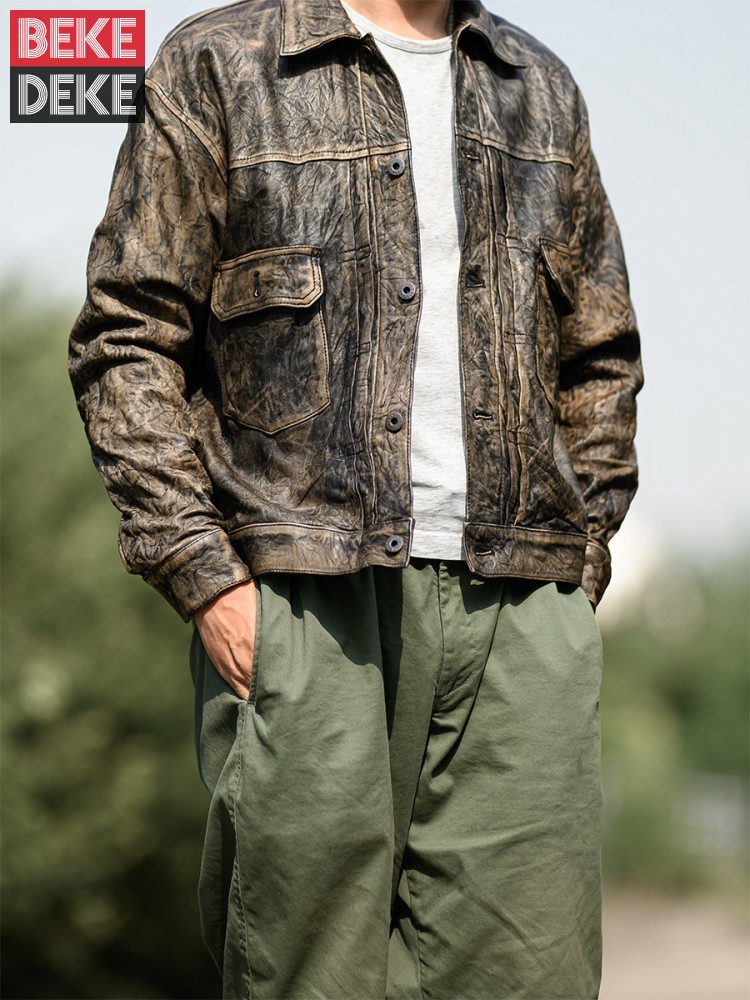 Leather Work Jacket Mens - Giacca vintage in vera pelle di