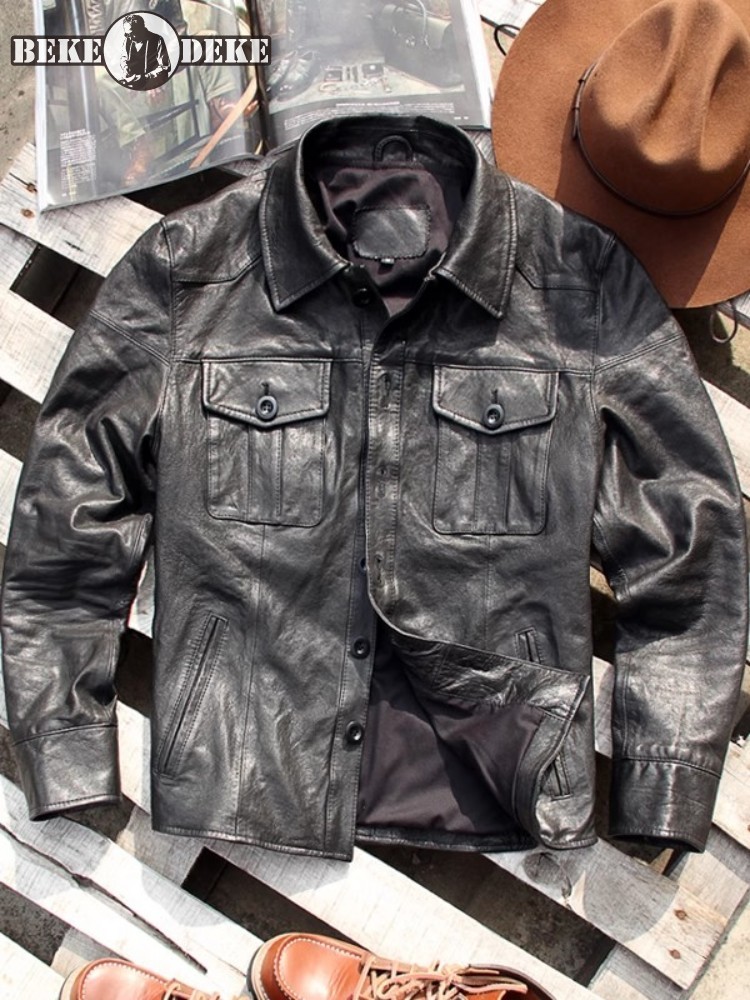 Leather Work Jacket Mens - Giacca da uomo in vera pelle